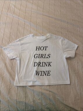 Source Unknown White Crop Tee with Black Text "HOT GIRLS DRINK WINE"